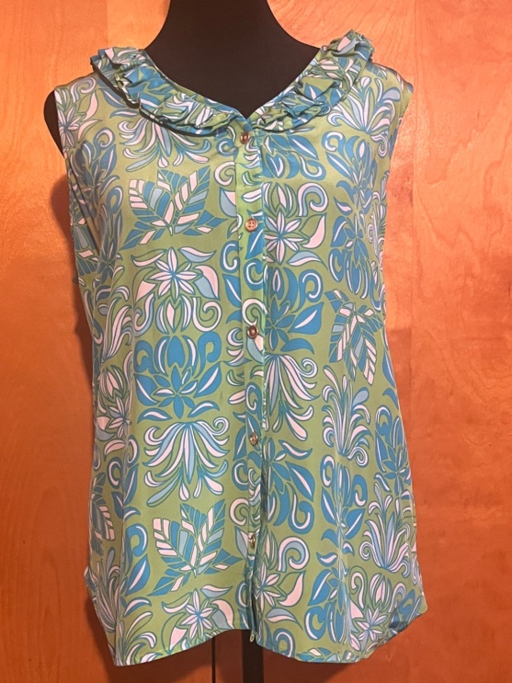 Lilly Pulitzer Medium Reena Green/Blue Silk Floral Limeade Purrfect Paradise Top